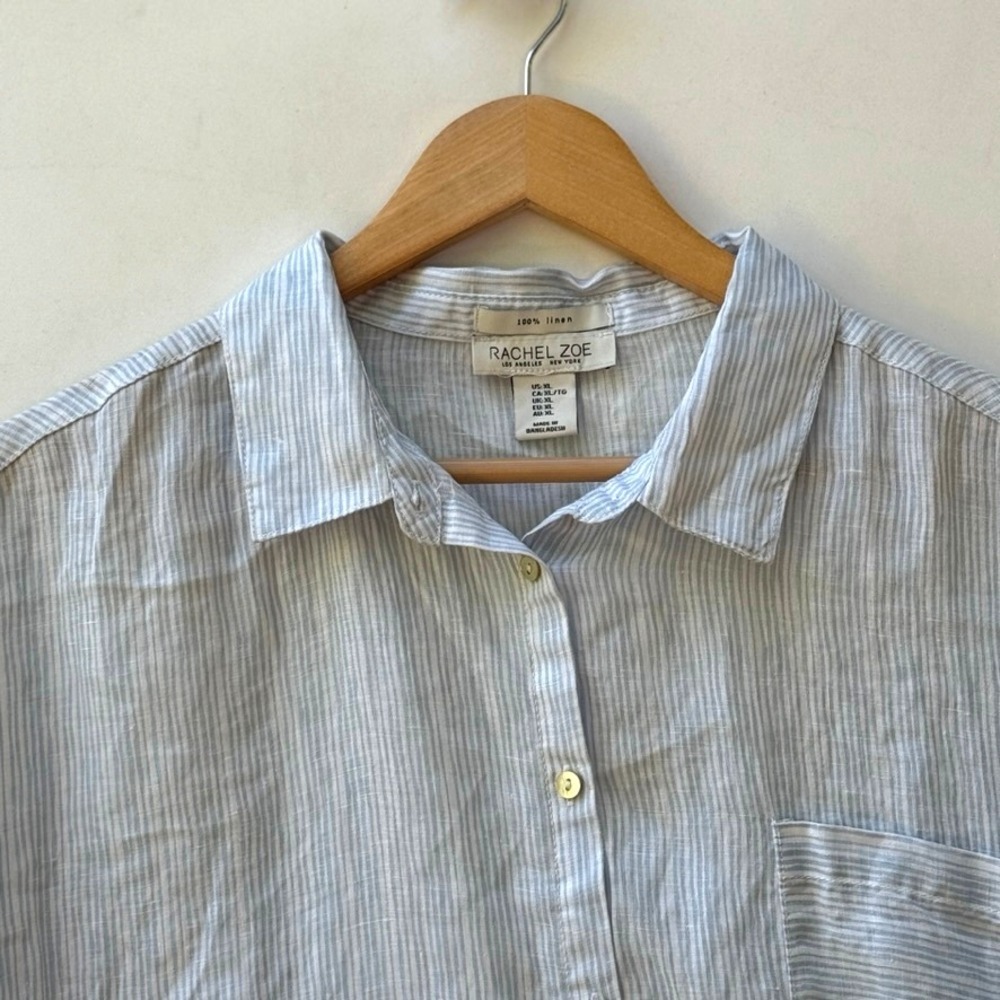 Rachel Zoe Women's XL Blue White Stripe Linen Short Sleeve Beachcore Top Shirt - Picture 2 of 7